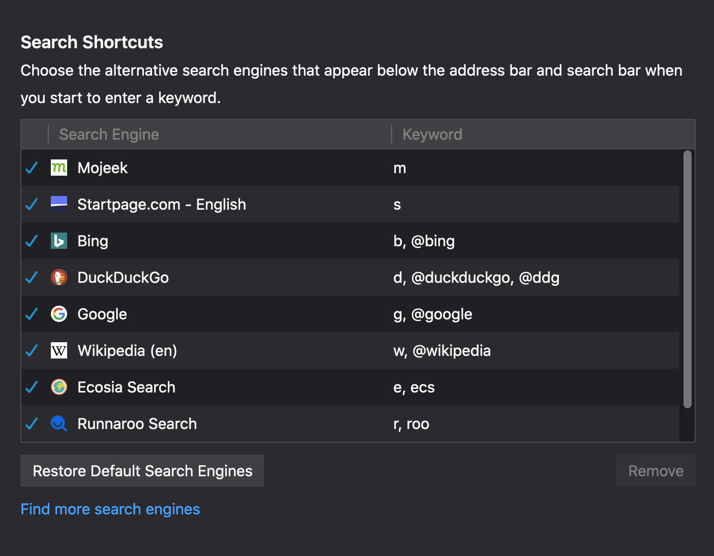 the search shortcuts box in Firefox, complete with search engines like Mojeek, DuckDuckGo, and Google, with keywords assigned to them