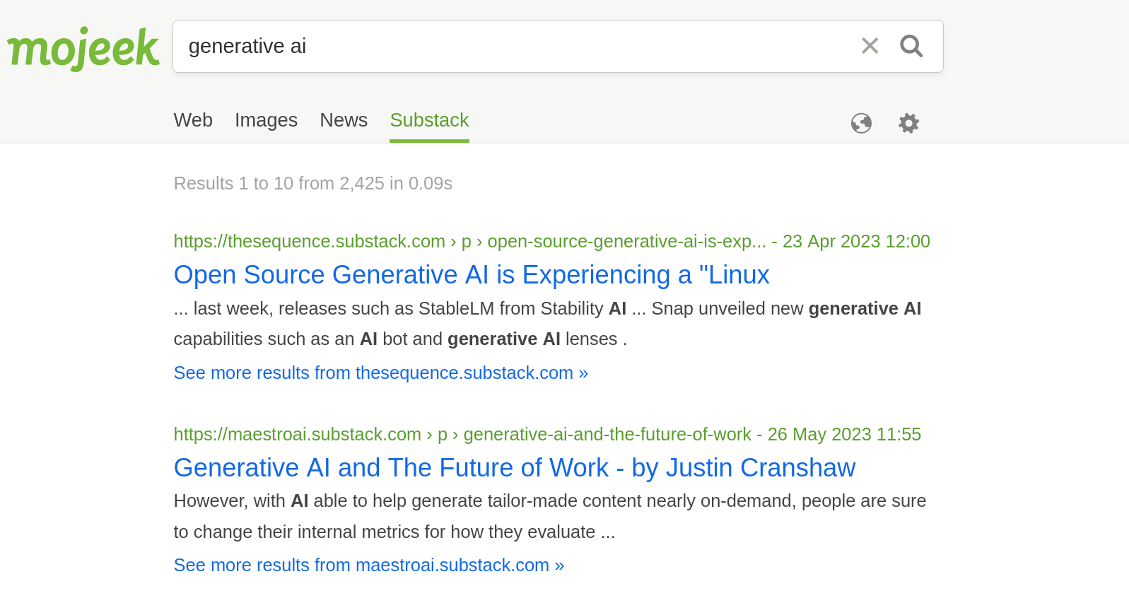 a search for Generative AI on Mojeek's new Substack search functionality