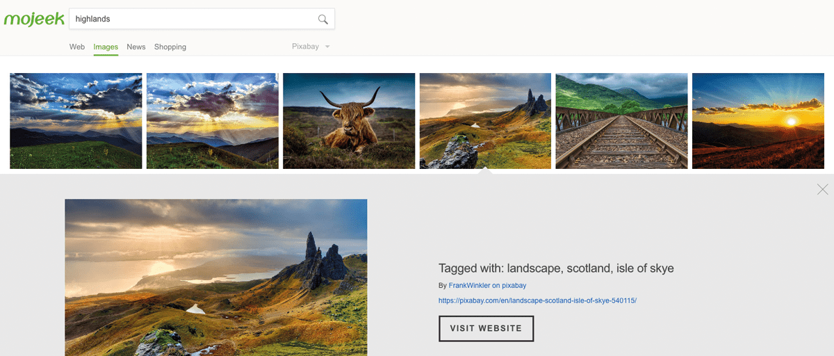 a shot of Mojeek's image search