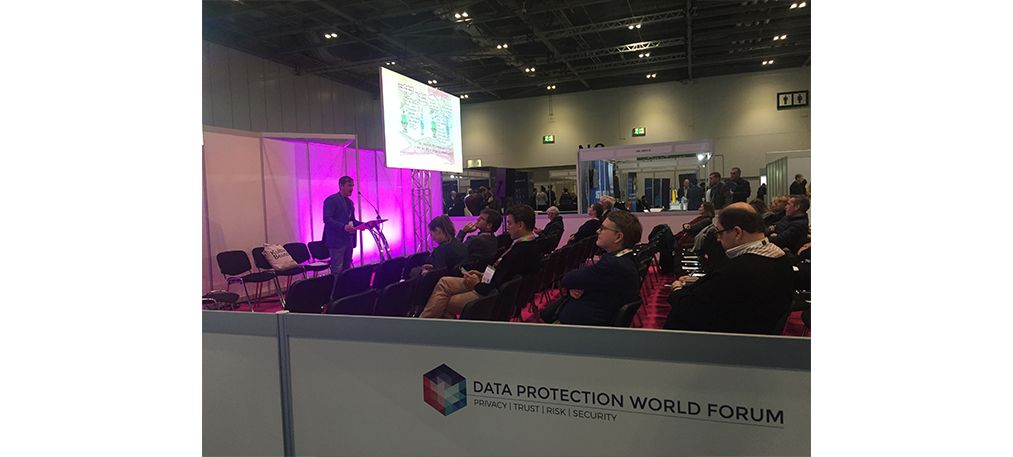 a photo of presentations at the data protection world forum