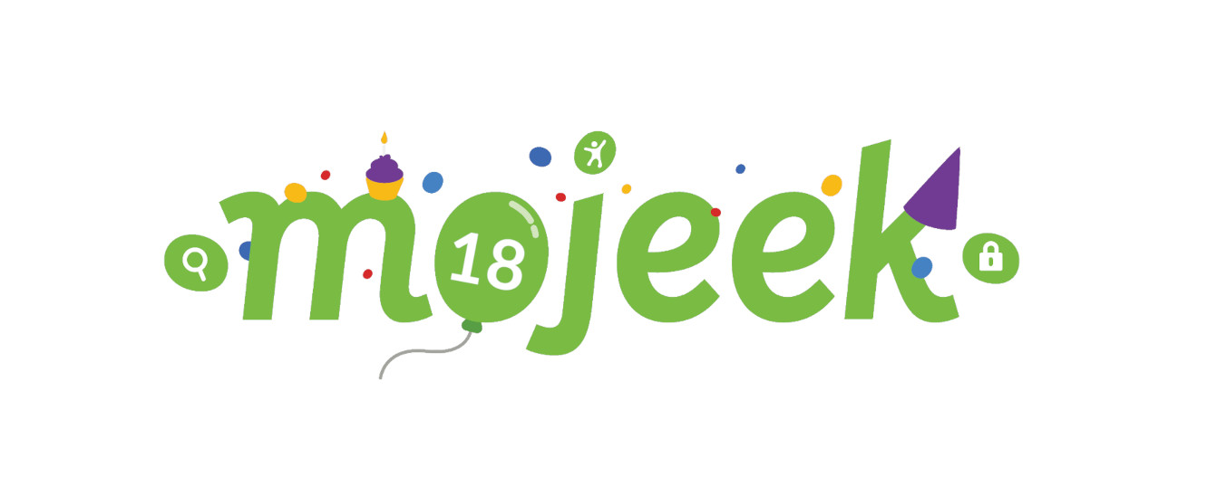 Mojeek celebrates 18 years without tracking with a logo featuring a party hat, confetti, and a cupcake