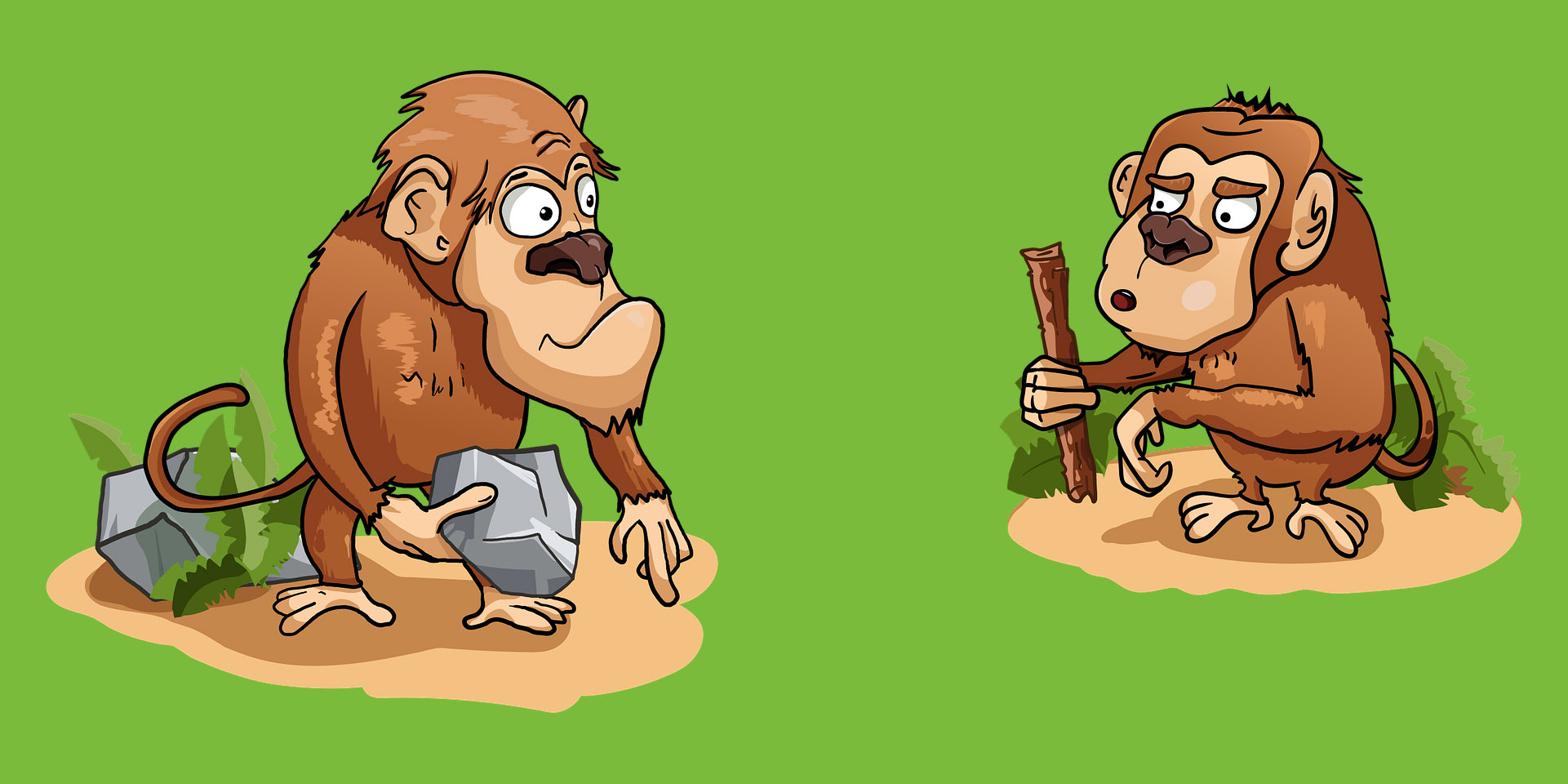 two monkeys with a stick and a stone