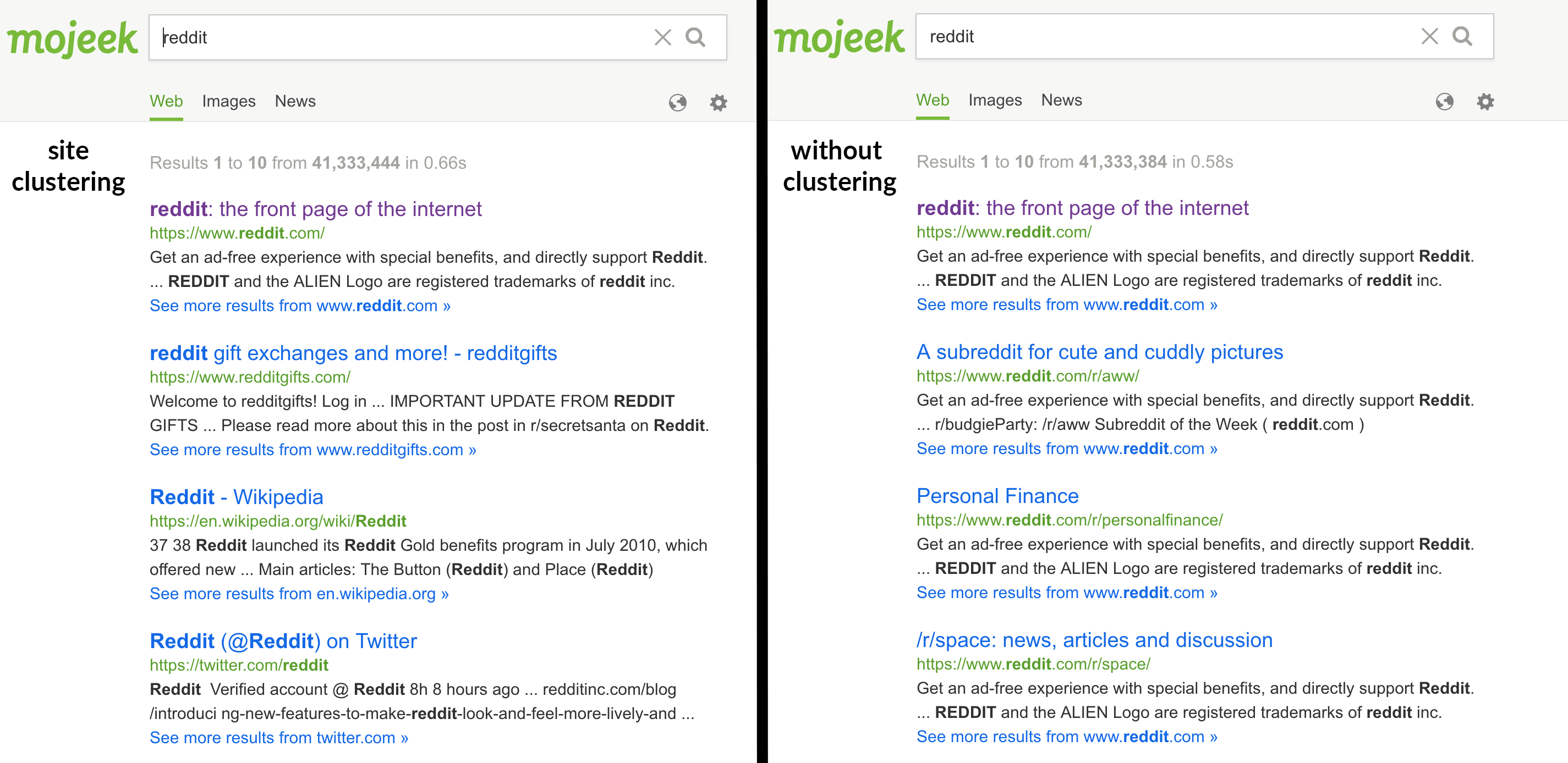 Mojeek's results in two images, one with clustering on and the other without