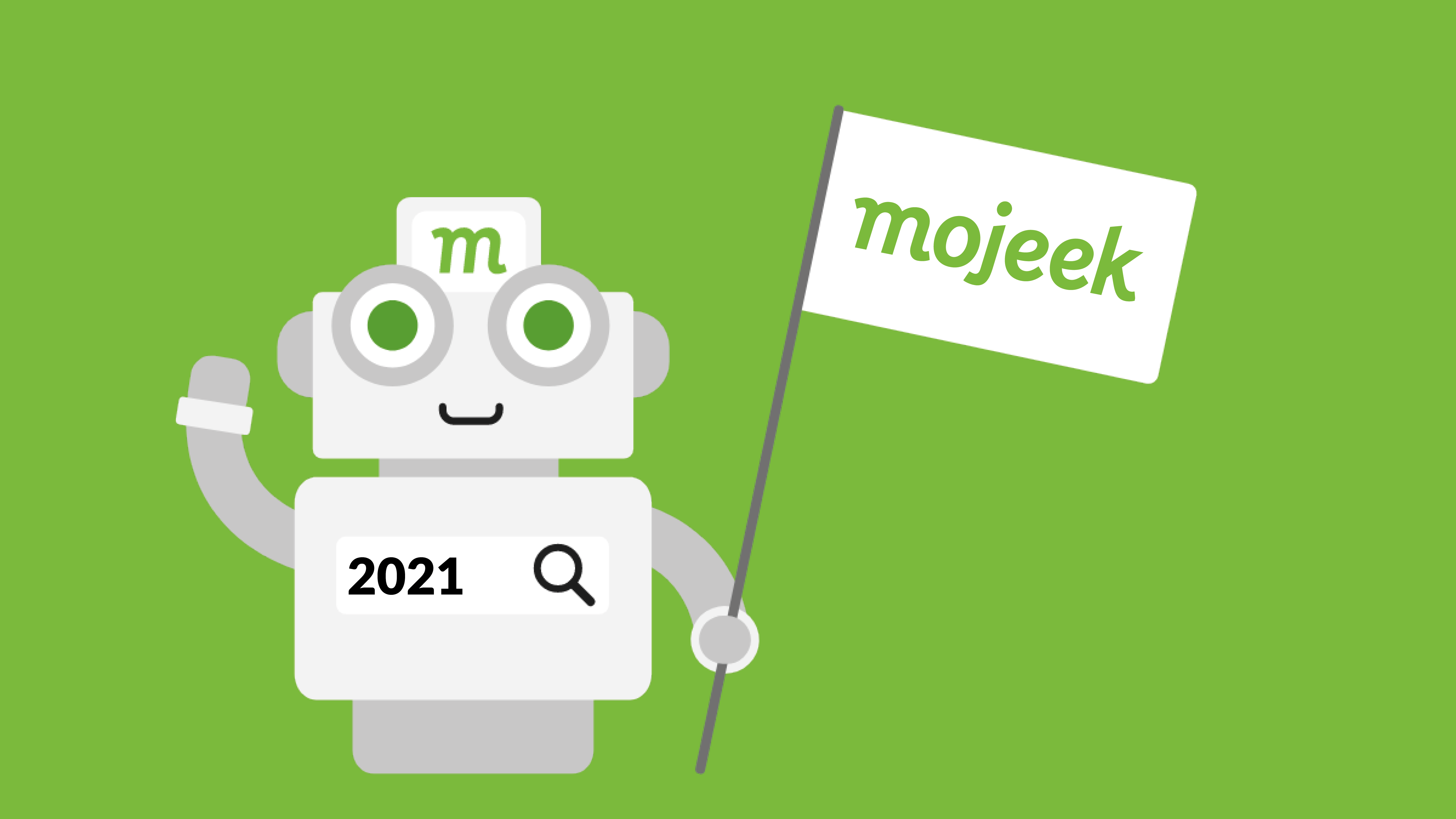 Mojeek's mascot, Mojeekbot, holding a 2021 flag