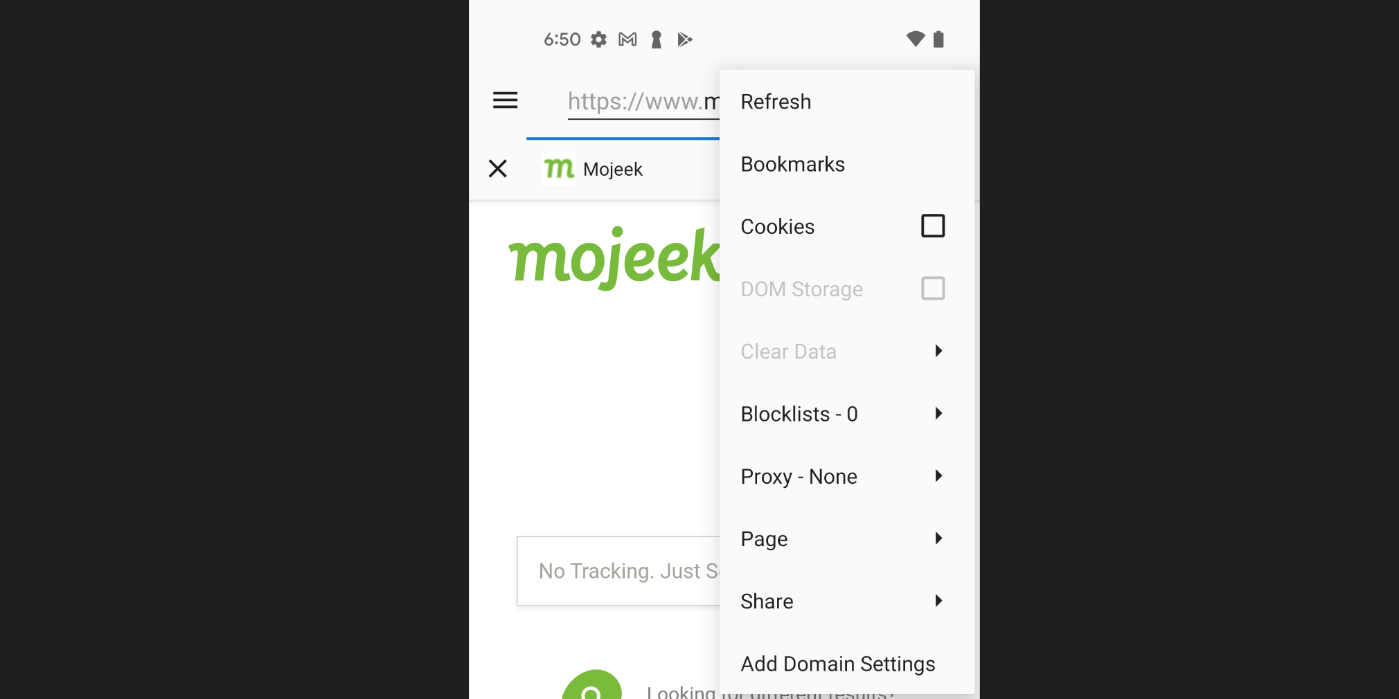 the triple-dot menu showing options such as blocking or unblocking cookies