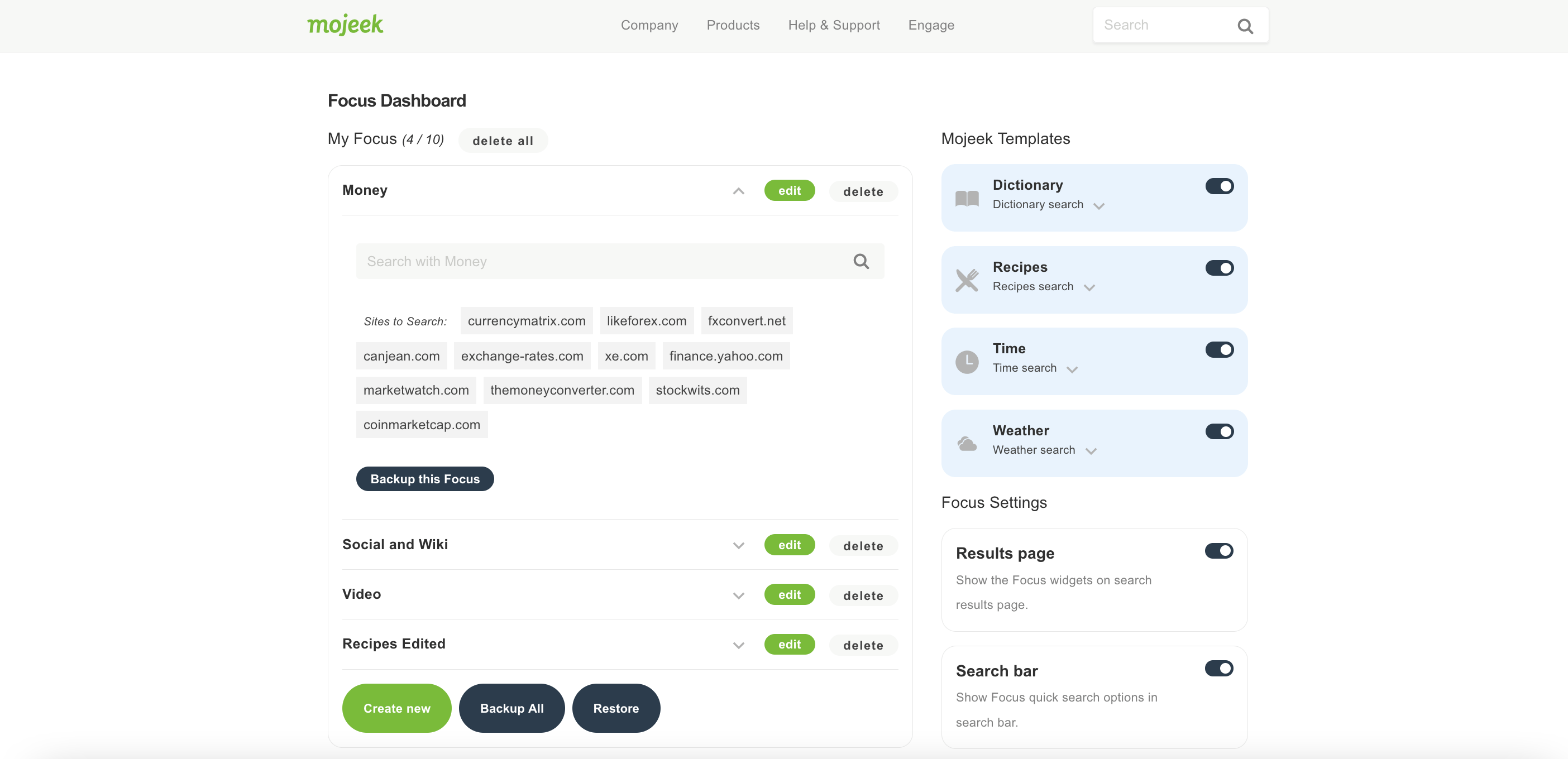 the Mojeek Focus Dashboard, where you can easily create, edit, backup, and restore your creations