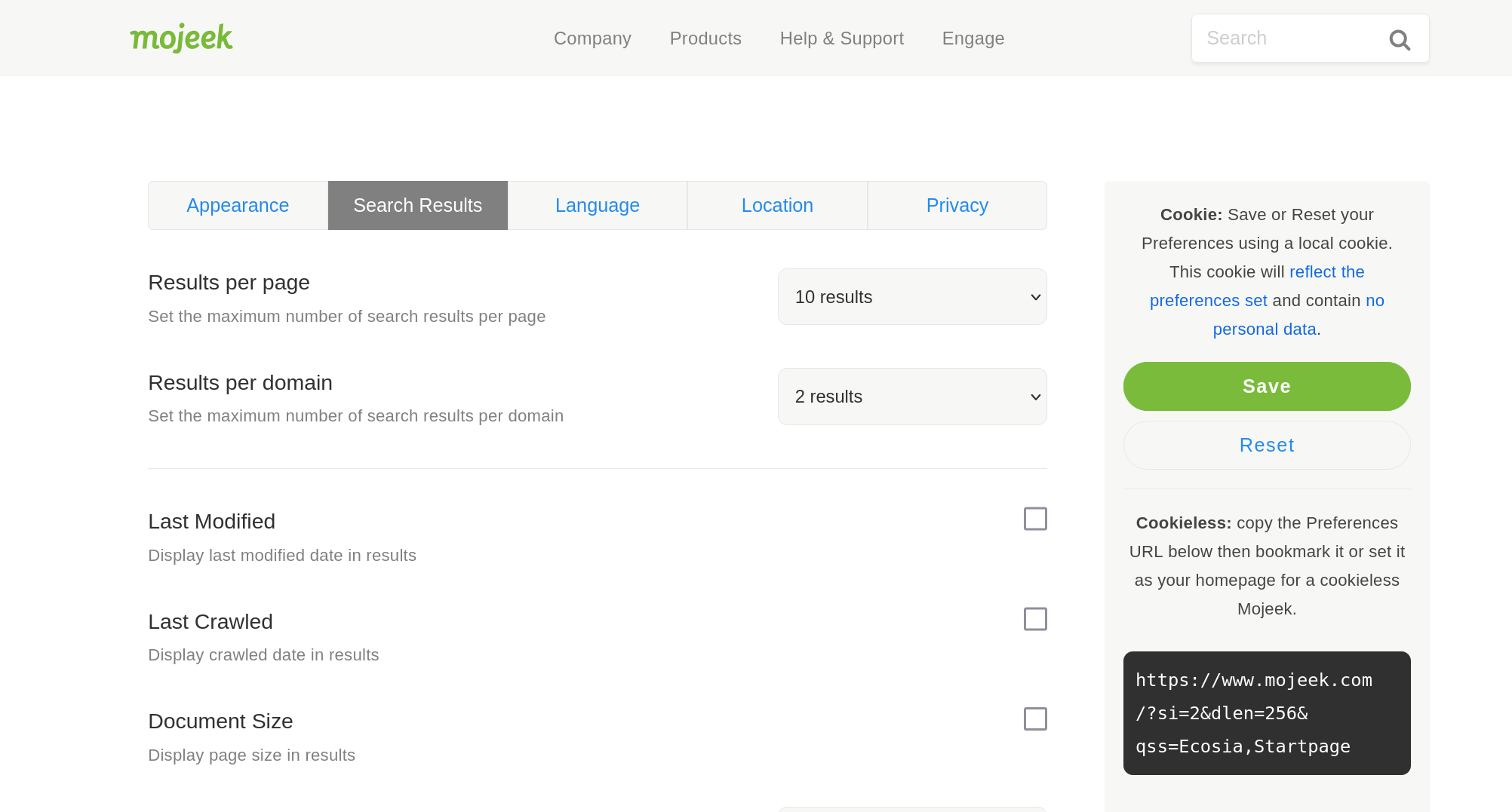 a screenshot of the new Mojeek cookieless preferences, showing a modification to location, snippet length, search choice buttons, and maximum results per domain