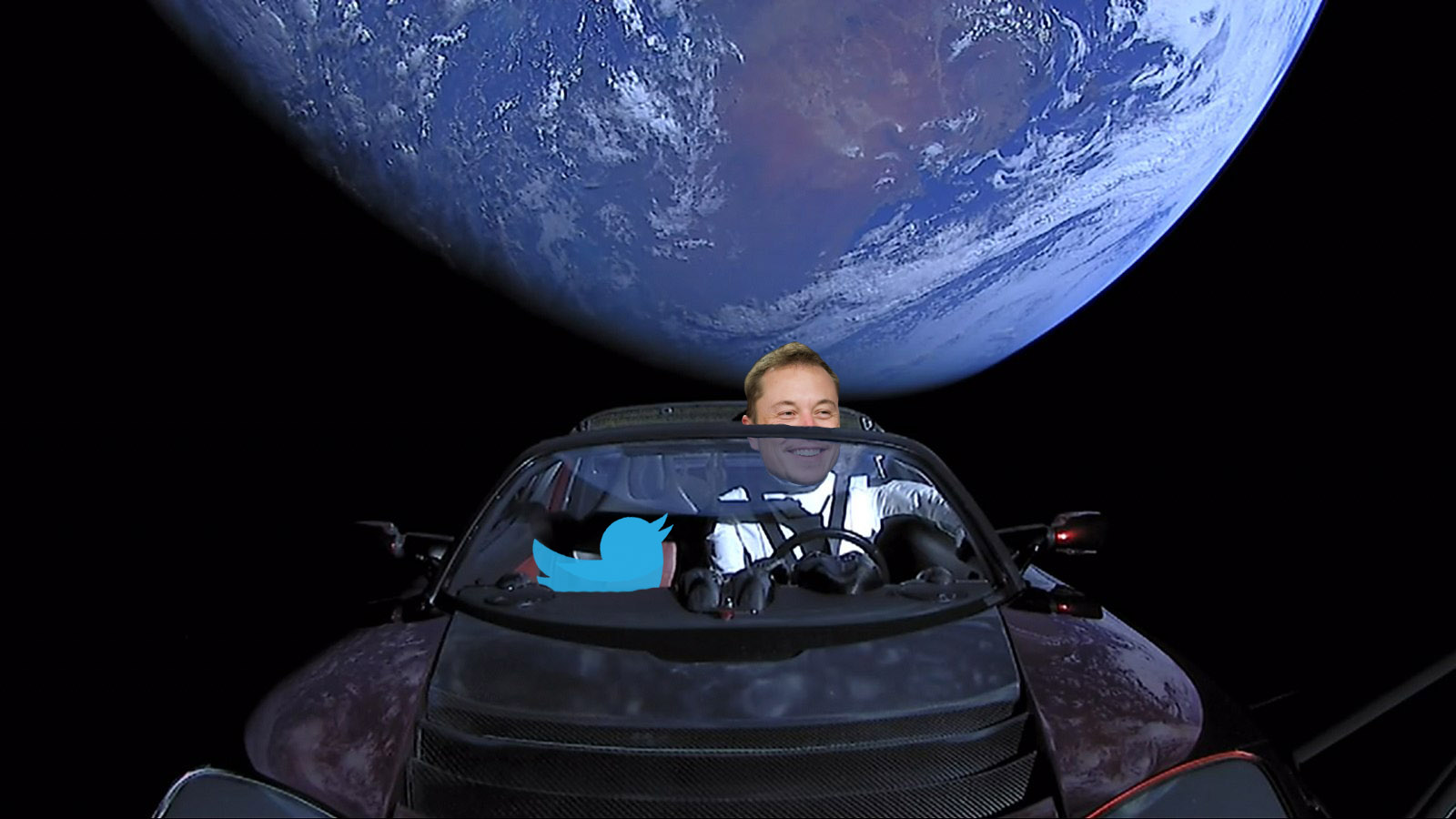 Elon Musk sits in the driver's seat of his Tesla in space, he is next to the Twitter bird logo, the Earth looms in the background