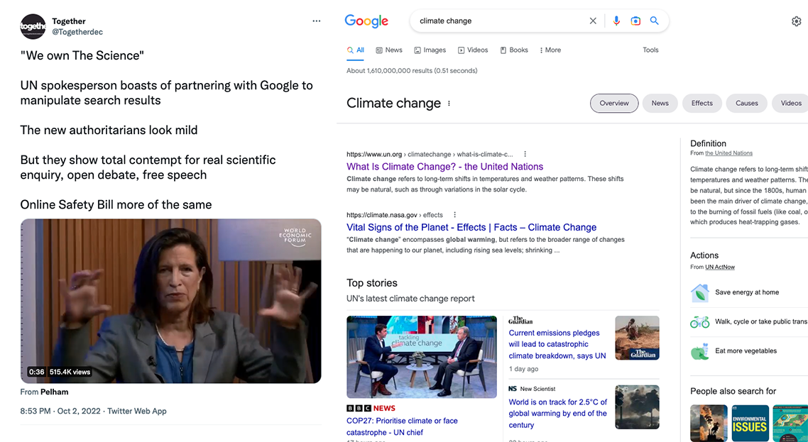 a Tweet about an interview where a UN spokesperson talked about partnering with Google, next to Google's results, the UN sits at the top of them