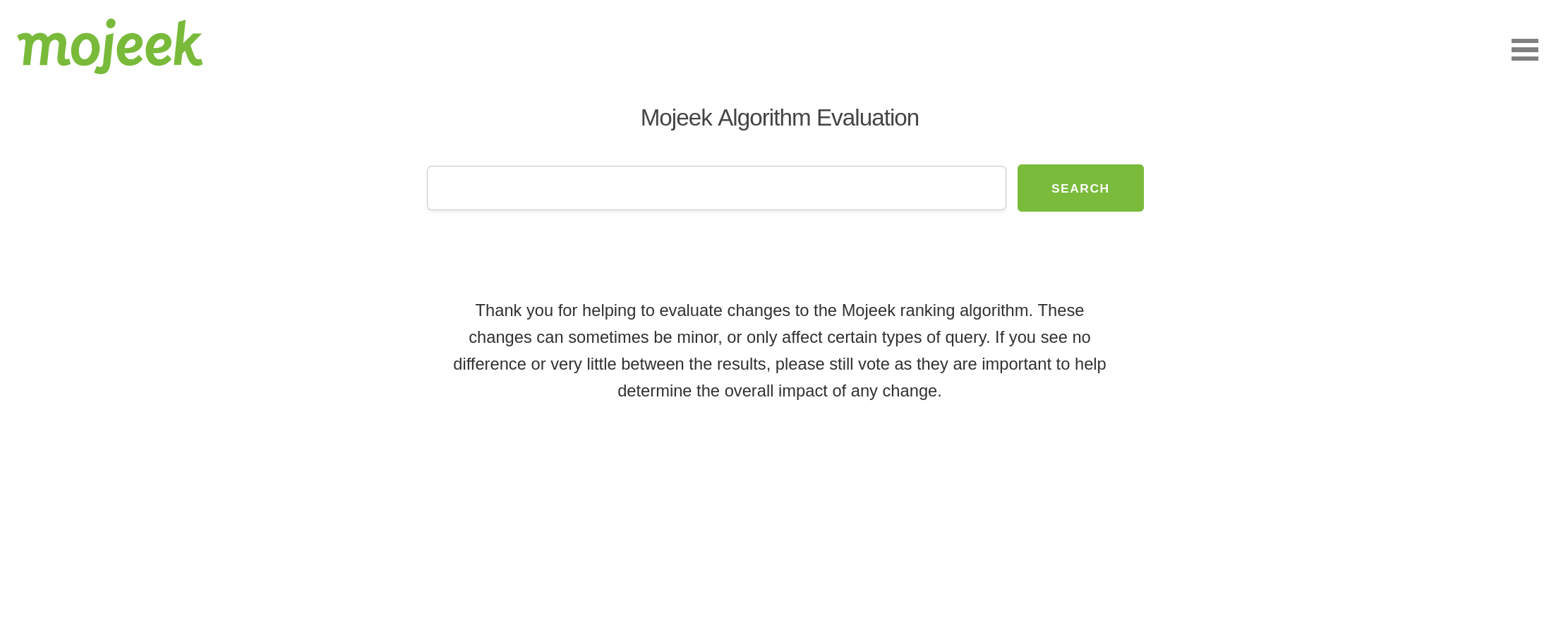 an image of Mojeek's Algorithm Evaluation page, a searchbox and button sit below the title "Mojeek Algorithm Evaluation;" under this is a paragraph of text explaining what it is and how it works