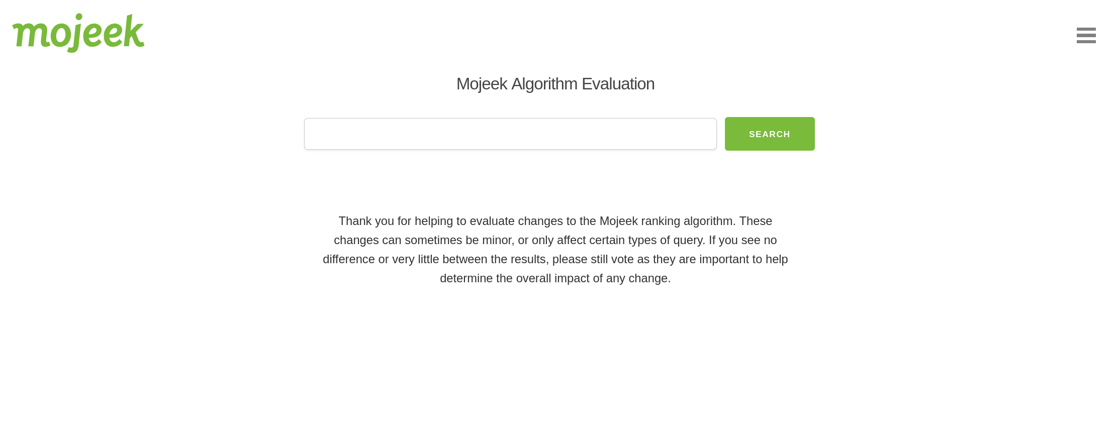 The Mojeek Evaluation tool home page, including a description of how to use the tool and an unfilled search box