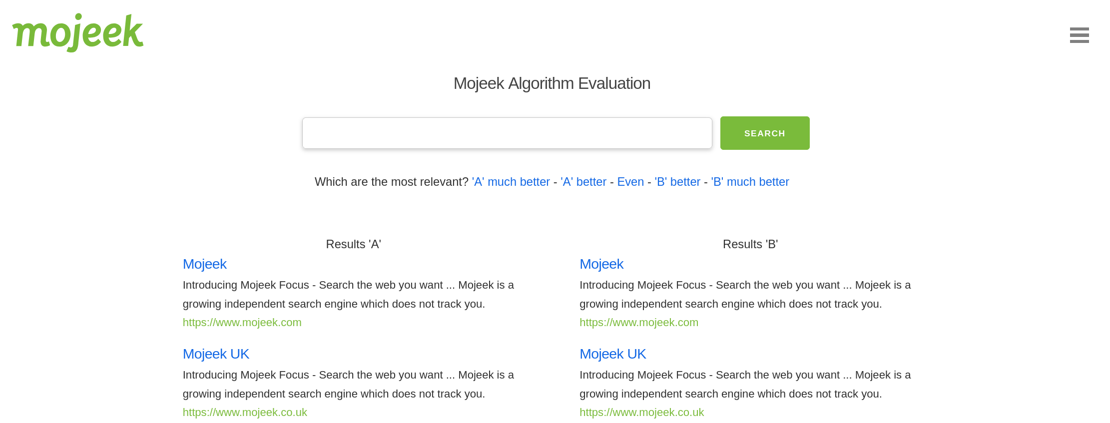 The Mojeek Evaluation tool home page, including a description of how to use the tool and an unfilled search box