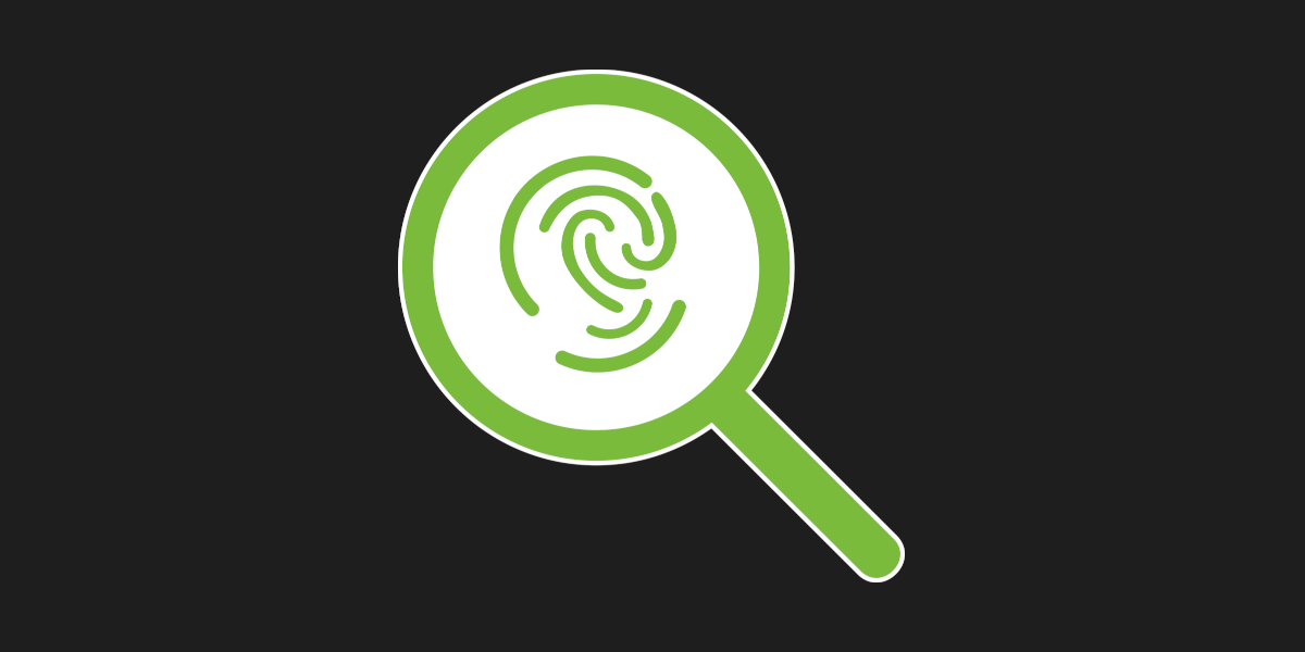 a magnifying glass with a fingerprint in the middle sits on a flat dark-grey background