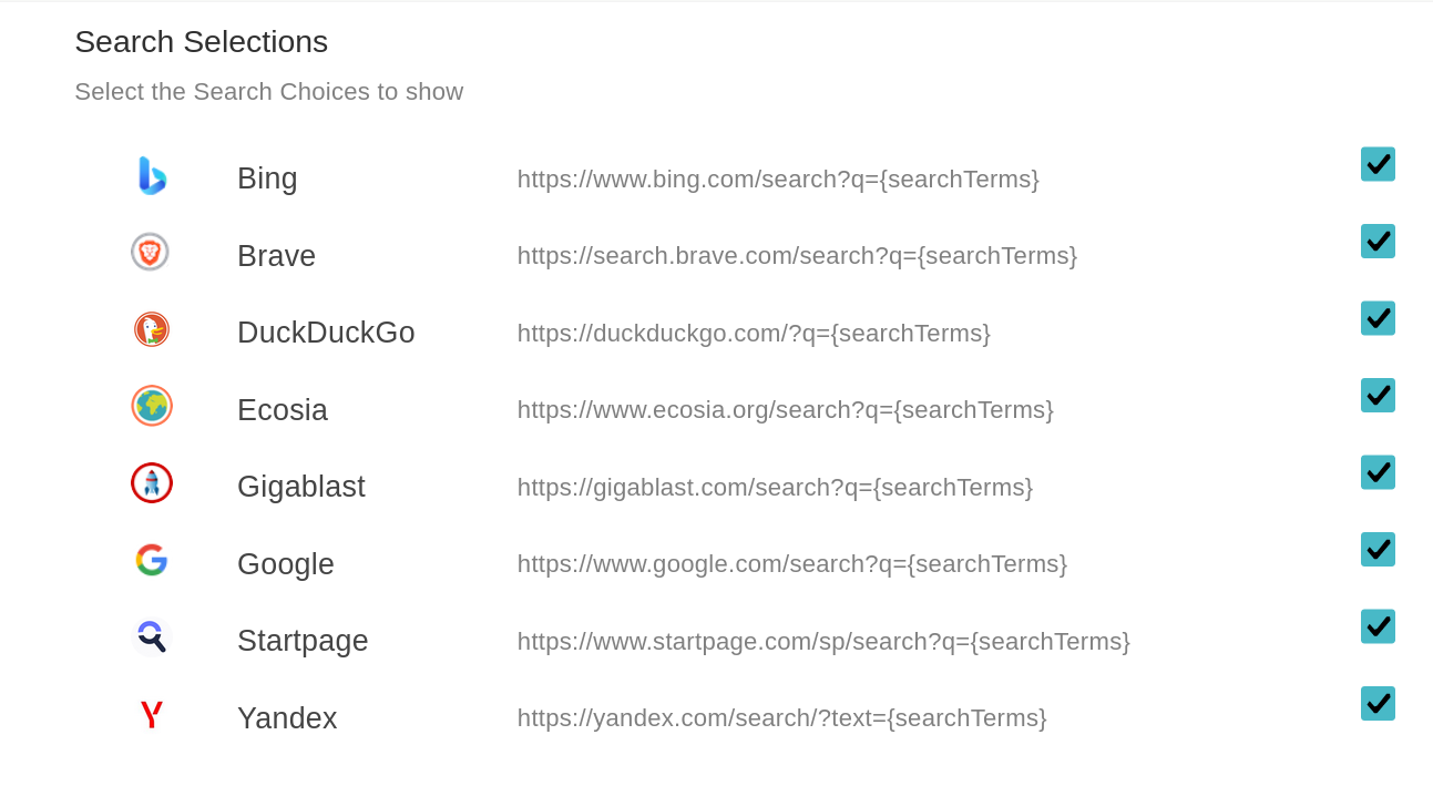 a screen from Mojeek Preferences showing all of the available Search Choices: Bing, Brave, DuckDuckGo, Ecosia, Gigablast, Google, Startpage, and Yandex, in the screen all of these are selected