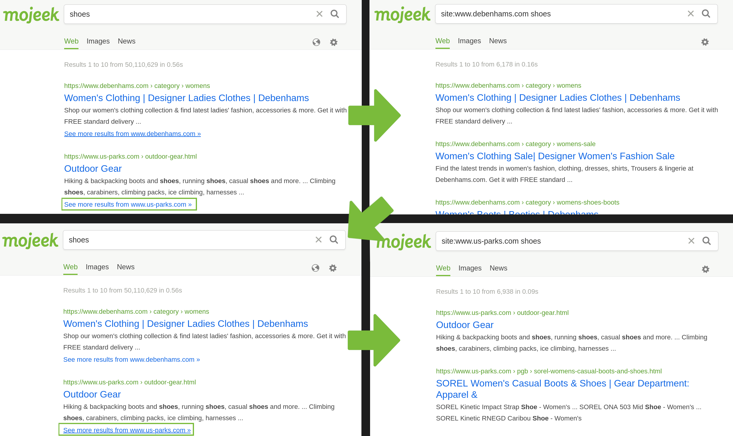 a series of images showing how you can use Mojeek to get more than 1,000 results per search through using the 