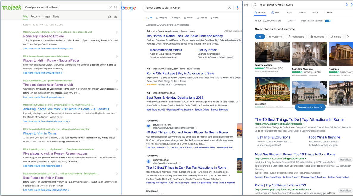 Mojeek, Google, and Bing side by side for the 