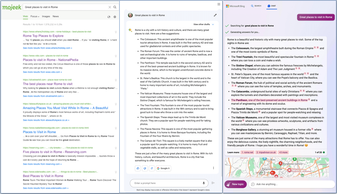 Mojeek, Bing, and Bard side by side for the 
