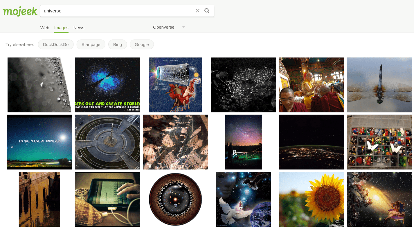 A search for universe on Openverse (on Mojeek) showing a wide variety of images from space to flowers to monks