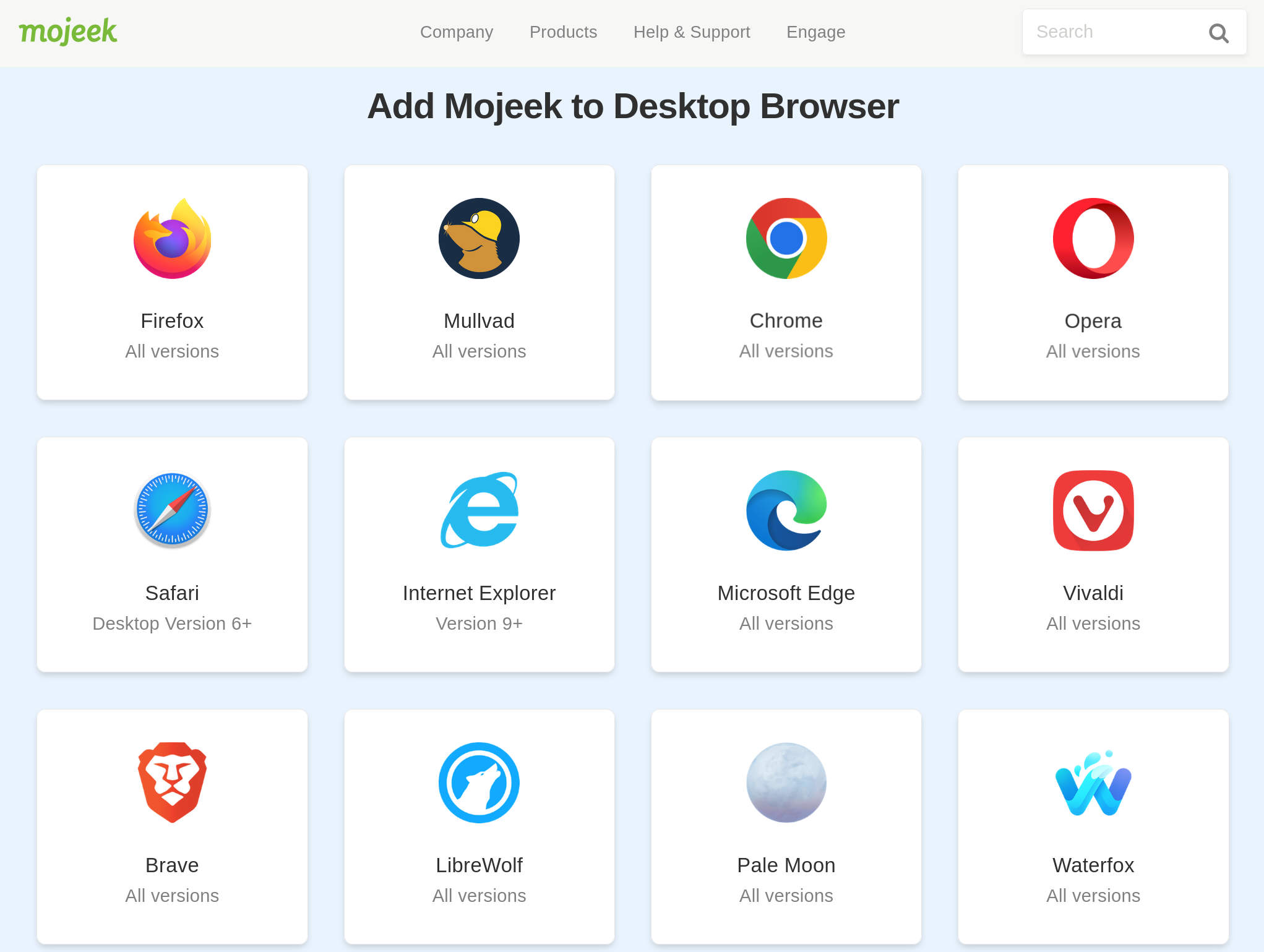 the Add to Browser grid on Mojeek featuring Firefox, Mullvad, Chrome, Opera, Safari, Internet Explorer, Edge, Vivaldi, Brave, Librewolf, Pale Moon, and Waterfox
