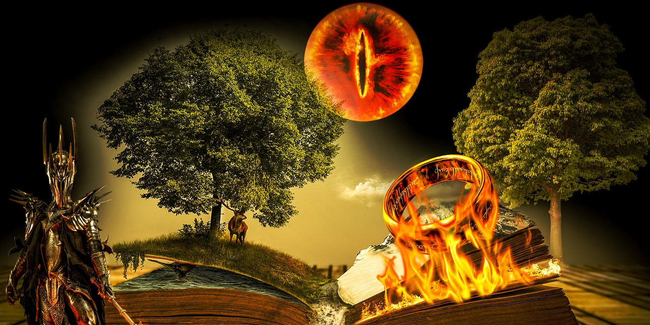 The One Ring, Sauron, and the Eye of Sauron, next to two trees and a book which has just caught fire
