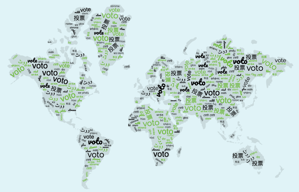 A map of the world covered in the word vote in different languages