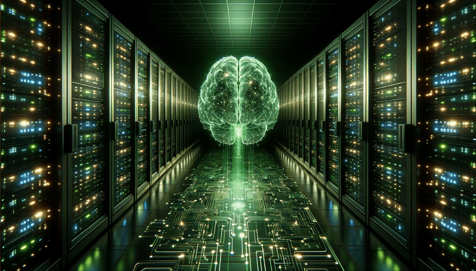 A digital brain sits in between two racks of servers