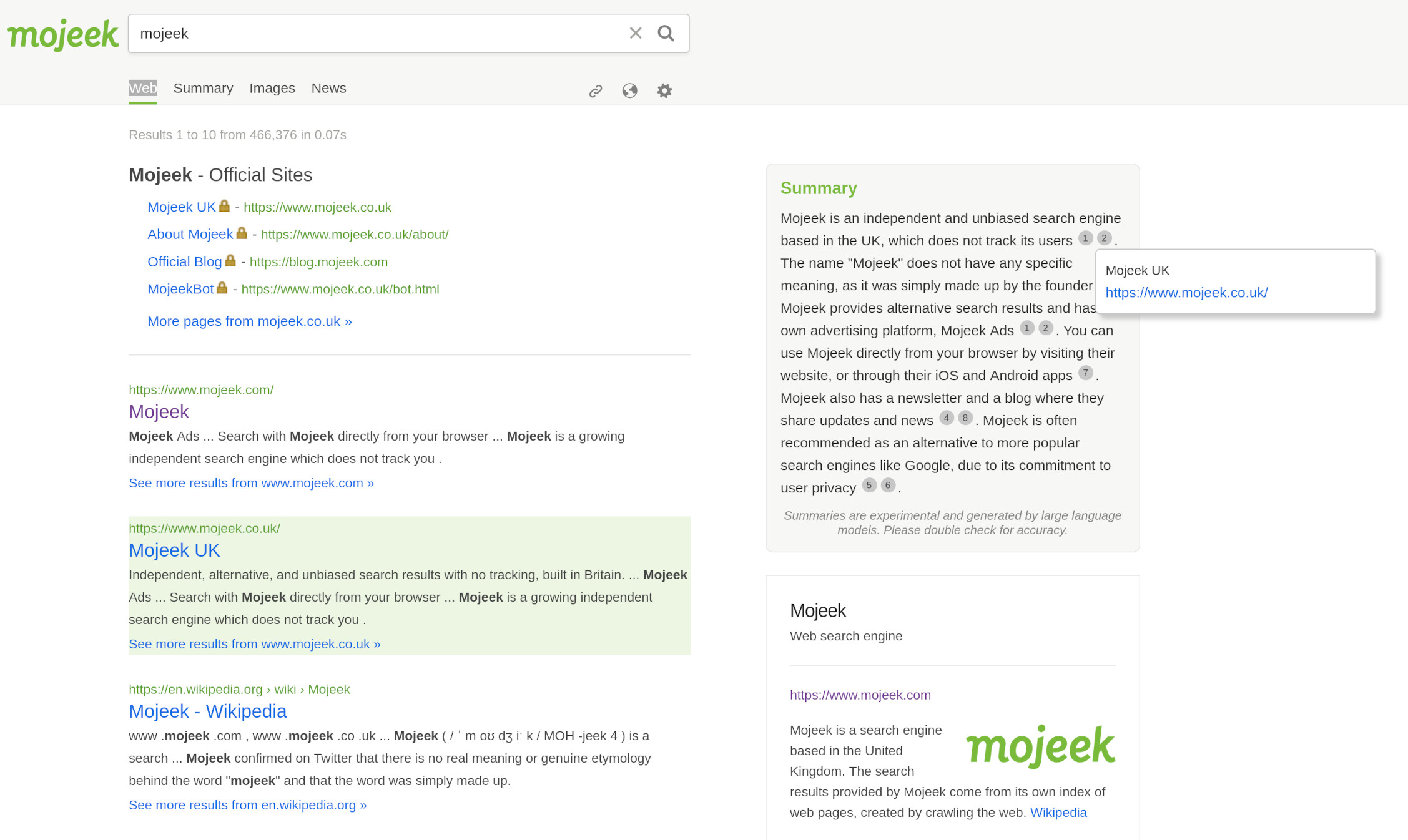 Mojeek's LLM-generated summary sat to the right of search results with the query 