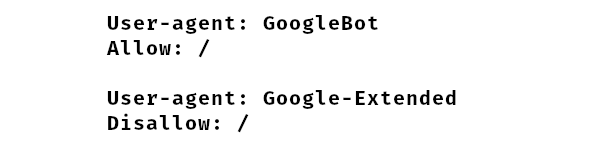 a robots.txt file showing GoogleBot is Allowed to crawl and Google-Extended is not with: User-agent: GoogleBot Allow: / User-agent: Google-Extended Disallow: /