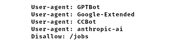 An entry in a robots.txt file for the user-agents: GPTBot, Google-Extended, CCBot, and anthropic-ai