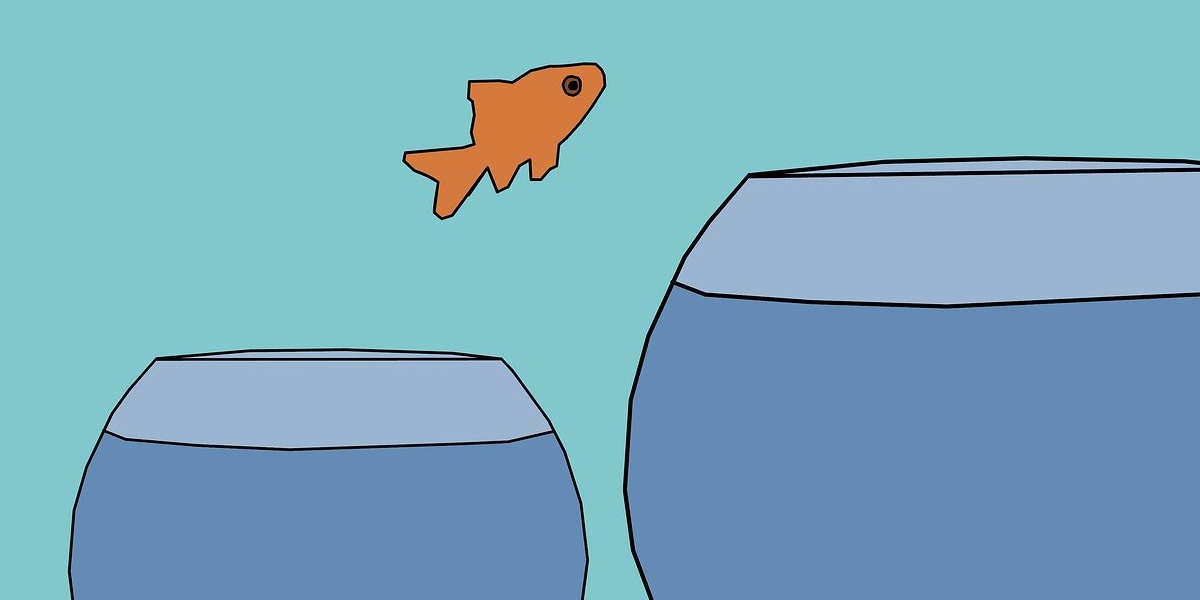 A fish jumping from a small bowl into a larger one