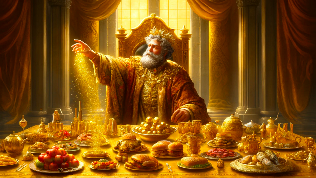 King Midas of myth sitting at a table. The table contains a multitiude of different golden foods.