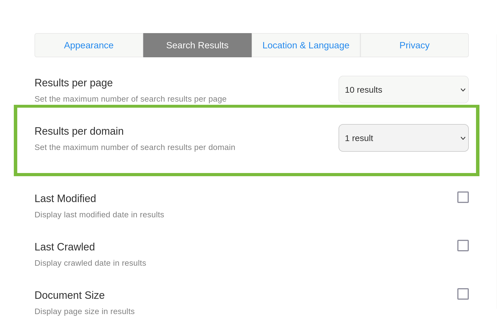 The second page of Mojeek's Preferences, it shows a range of things you can do to modify how Mojeek displays results, the 