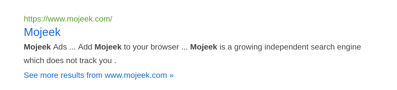 A search snippet for the Mojeek homepage, showing the last crawled date, a snippet, and a 