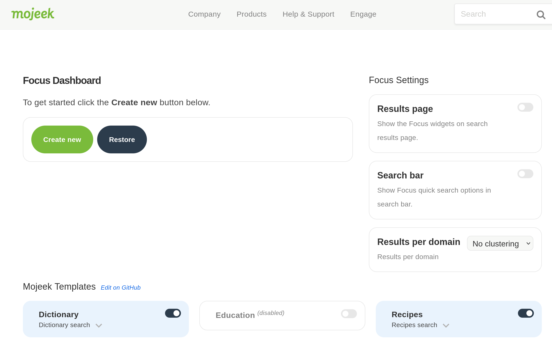 The Mojeek Focus Dashboard, showing a range of premade templates as well as the buttons needed to make a new Focus. This one is unused and so is currently a blank canvas.