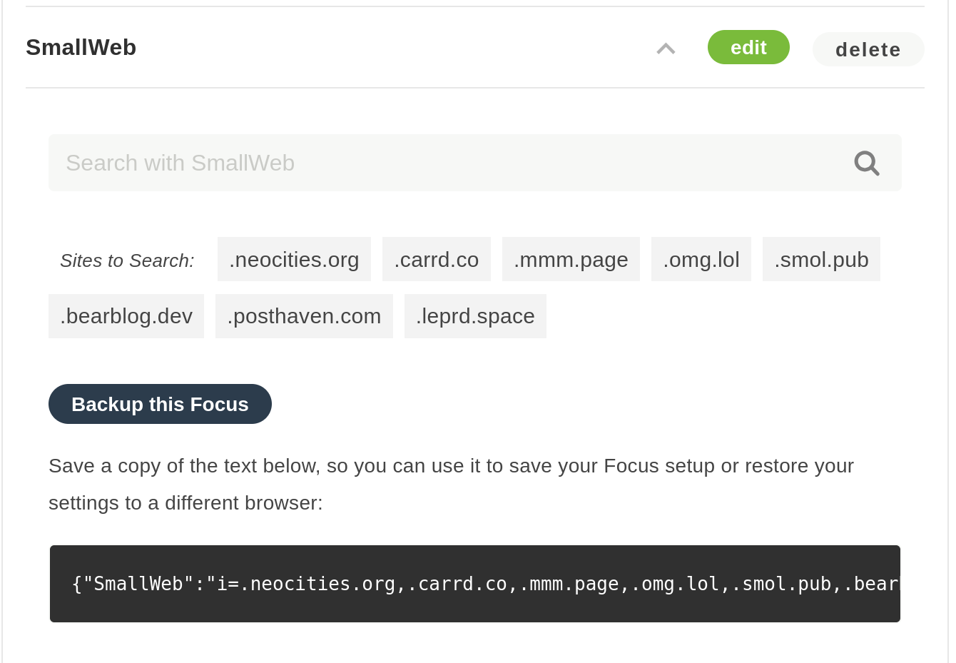 An expanded version of the above SmallWeb Focus, showing the Backup this Focus option which allows you to copy the text of a Focus.