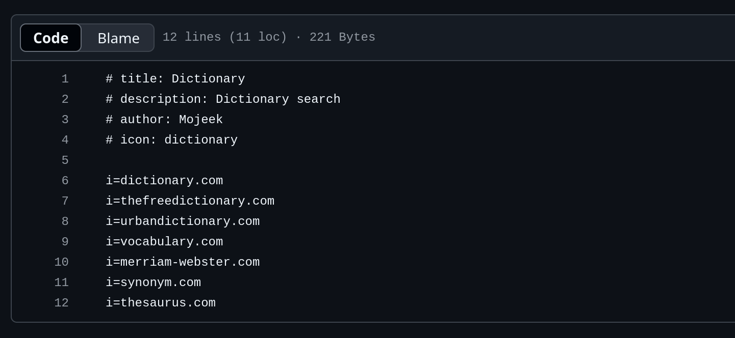 The Dictionary Focus as a file title, description, author, and icon text lines above a one-per-line inclusions list which starts with i= and then the locations of the websites.