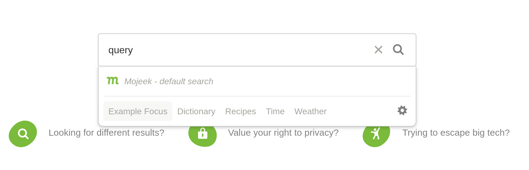 Mojeek's search bar with Focus-in-search-bar enabled, below the query portion are 