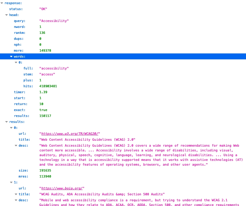 The JSON response for a search using the Accessibility Focus. The head section up top has been expanded, showing some extra information such as query, nword, rankm, dups, nph, and more. Full details can be found in the link above.