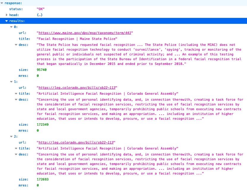 The JSON response for a search using the US States Focus shown above. Results have URLs, titles, descriptions, and sizes.