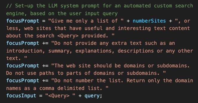 // Set-up the LLM system prompt for an automated custom search engine, based on the user input query focusPrompt = 