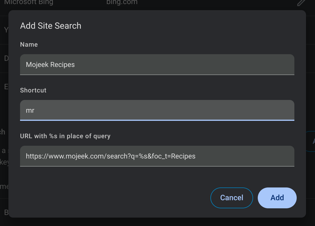 A window for Add Site Search in Chrome, the boxes are as follows: Name: Mojeek Recipes, Shortcut: mr, URL with %s in place of query: https://www.mojeek.com/search?q=%s&foc_t=Recipes.