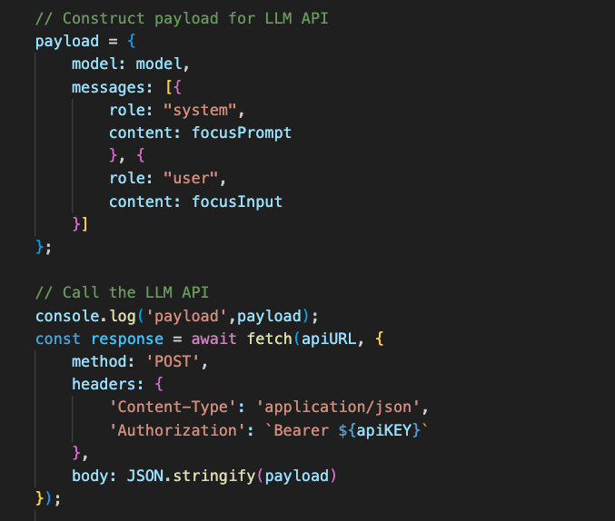 Screenshot of a code snippet setting up a payload for, and then subsequently a POST API call to, an LLM in TypeScript.