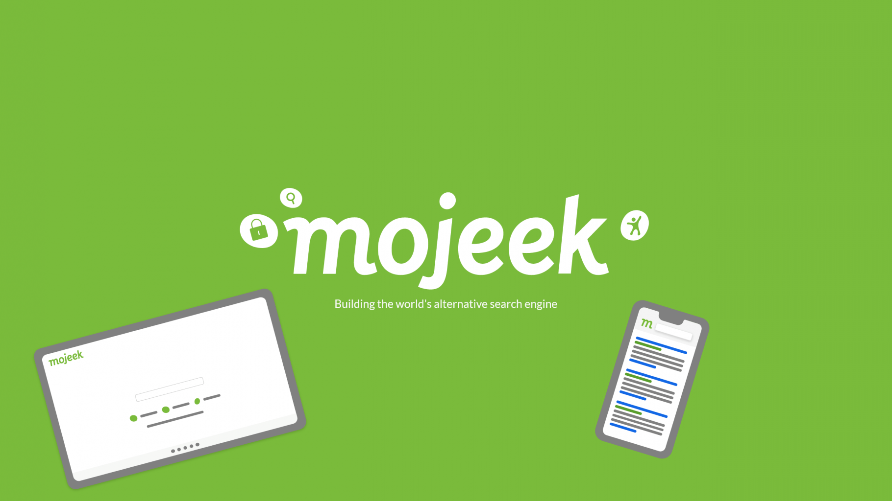 the Mojeek logo next to a phone and a tablet