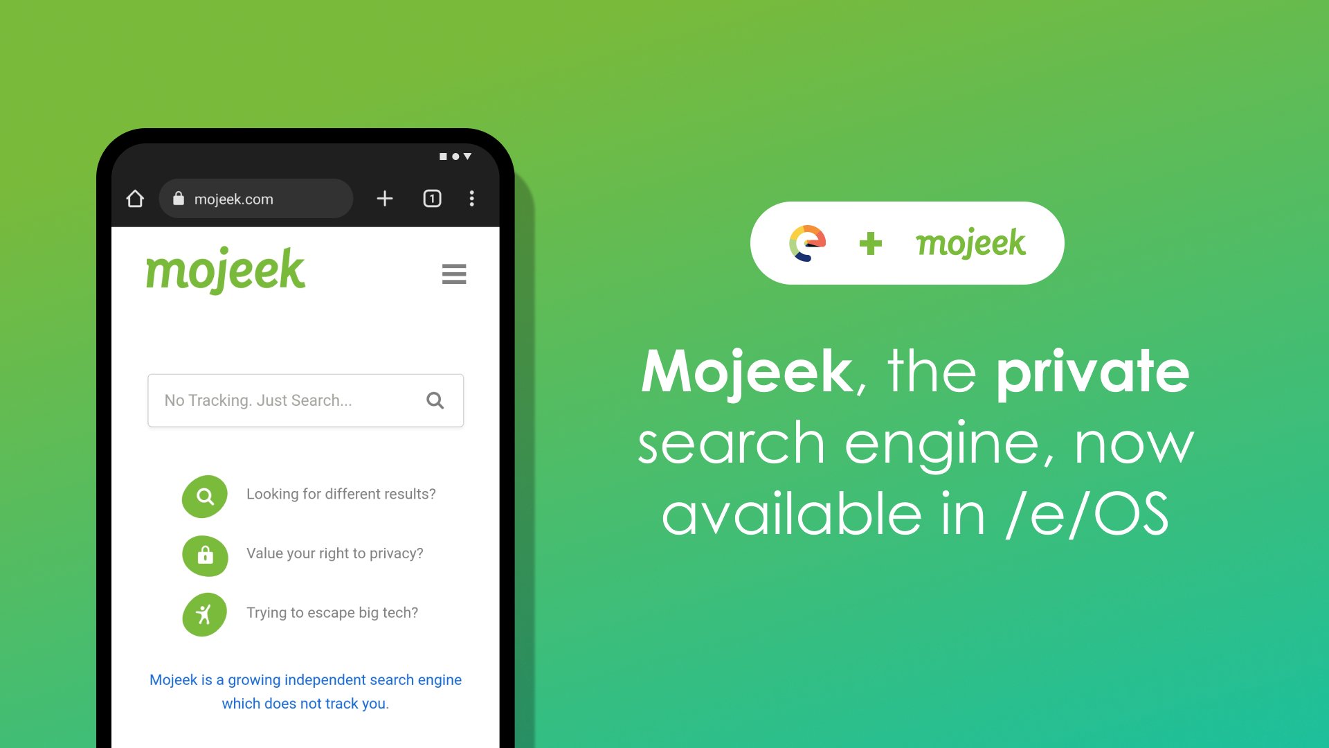 an image showing Mojeek being used on a Murena device running /e/OS