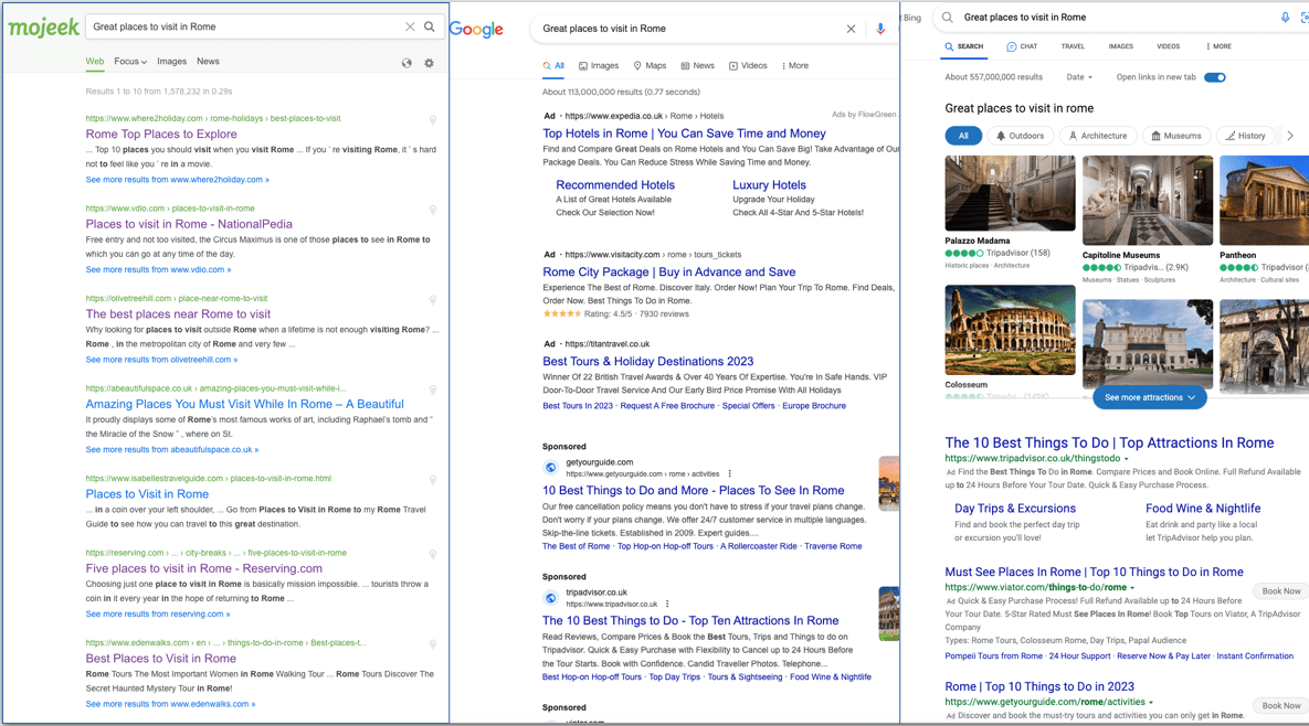 Mojeek, Google, and Bing side by side for the