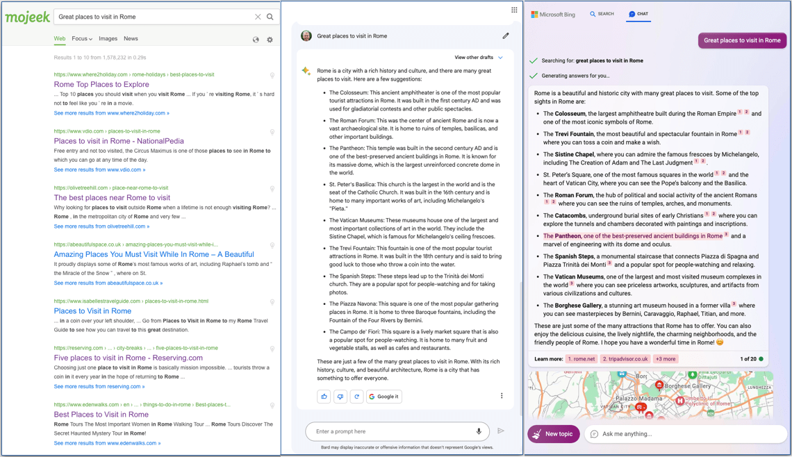 Mojeek, Bing, and Bard side by side for the